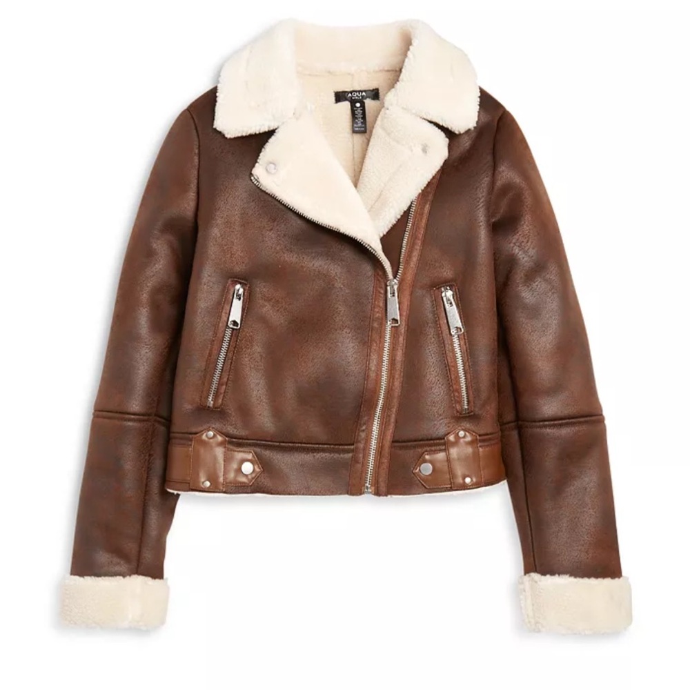 Bloomingdale's Brown Faux Shearling Jacket Moto Bomber Aqua